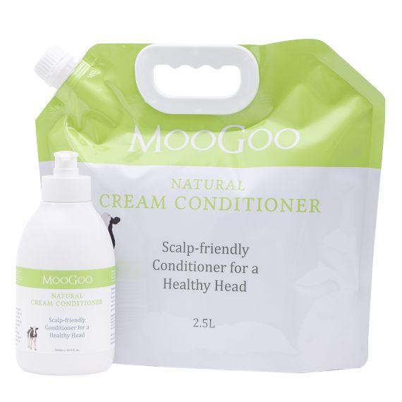 MooGoo Cream Conditioner Refill Set - 500ml bottle plus 2.5 Litre refill pouch in lime green and white packaging. 