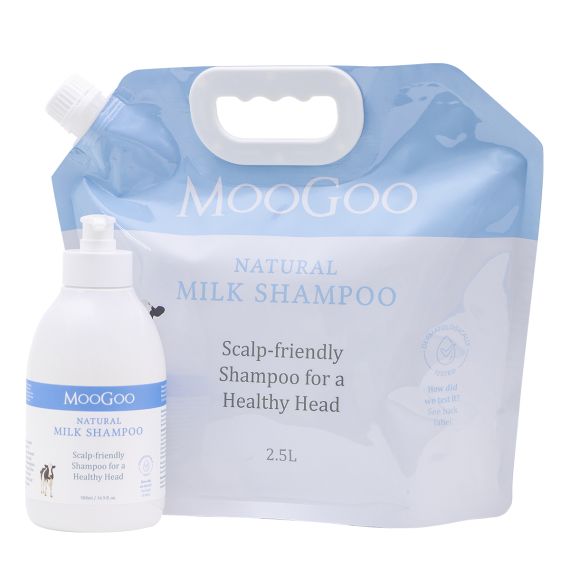 MooGoo Milk Shampoo Refill Set - 500ml Bottle + 2.5L Refill Pouch in blue and white packaging. 