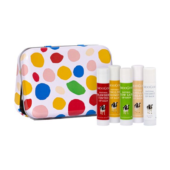 MooGoo Skincare Lip Balm Pucker Pack in a colourful cow print tin. Featuring our Natural Strawberry Tinted Lip Balm, Natural Tingling Honey Lip balm, Natural Cow Lick Lip Balm, Natural Vanilla Dream Lip Balm & Natural Coconut Lip Balm.