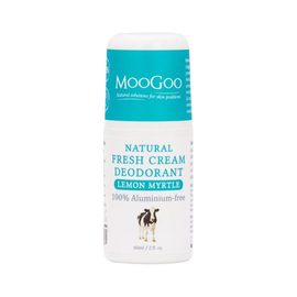 MooGoo Skincare Fresh Cream Deodorant Lemon Myrtle 60ml Blue Bottle packaging on white background
